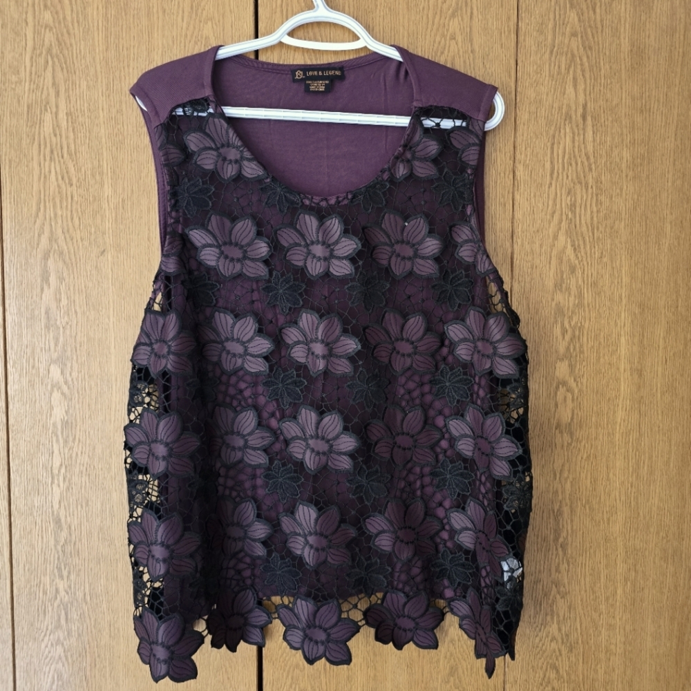 Purple Floral Lace Women Top, 2XL, EUC